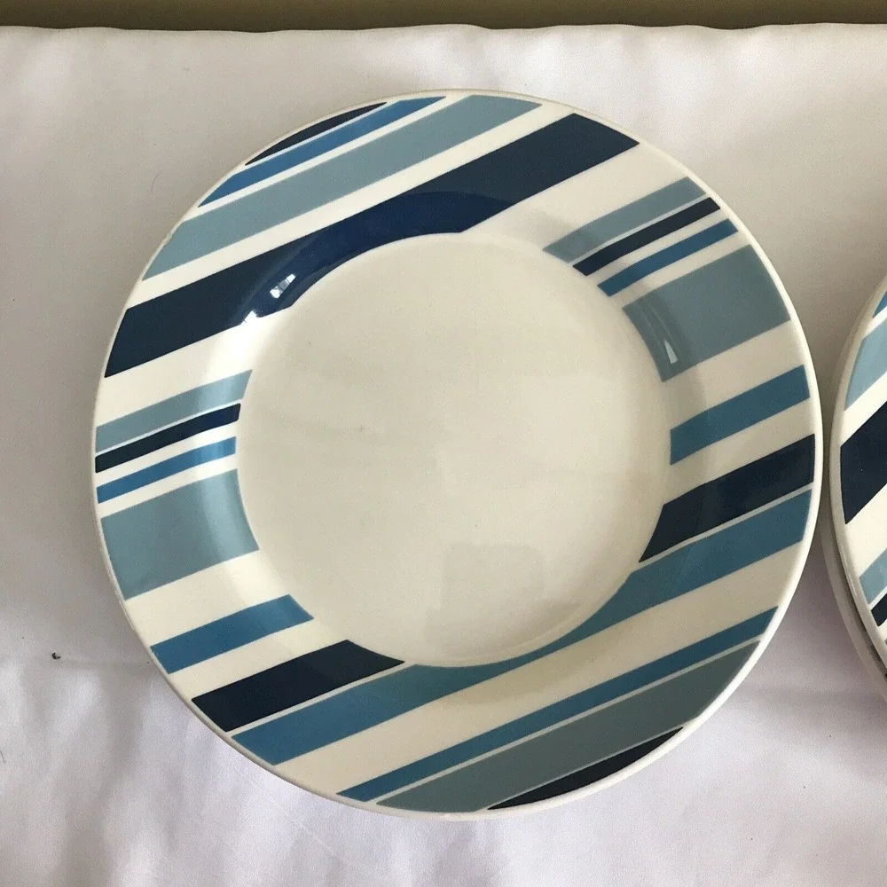 Pier 1 Marea Dinner Blue‎ & White Stripes Earthenware Made in Italy set of 4